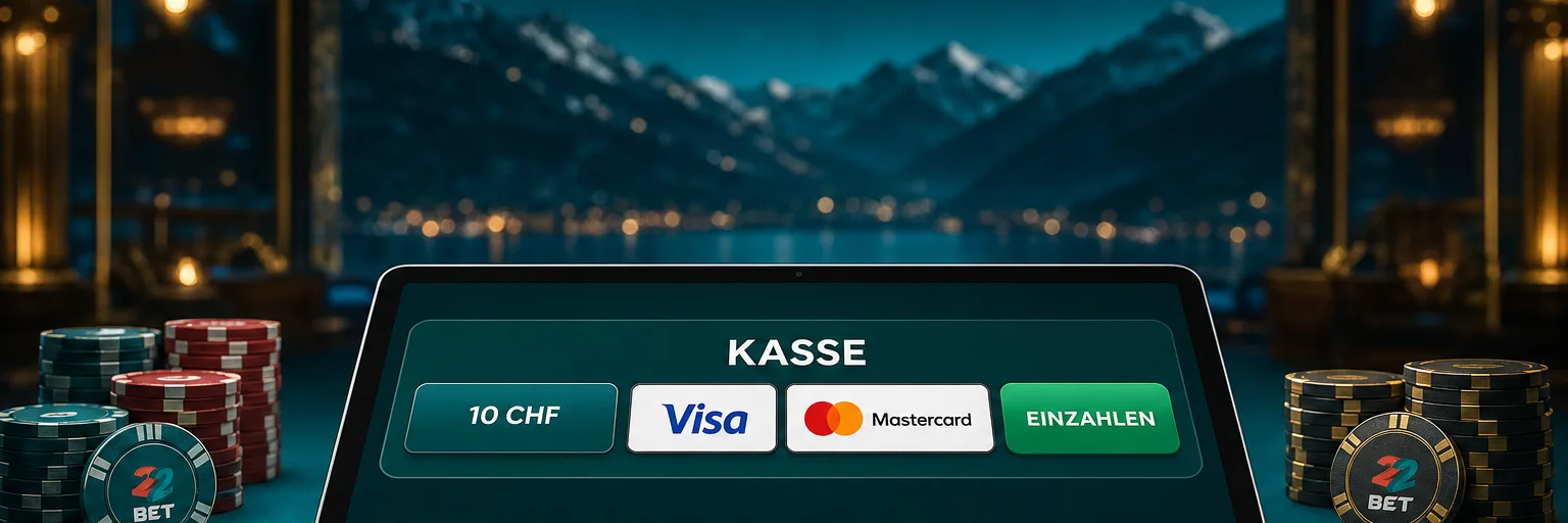 Kasse von 22Bet mit Zahlungsmethoden und Beträgen in Franken