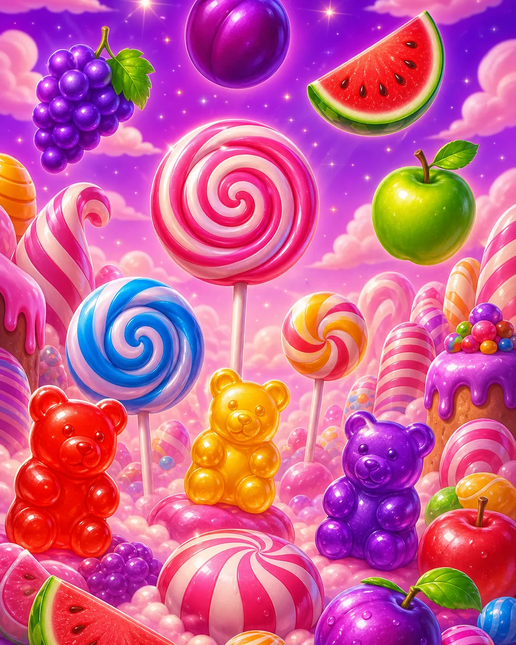 Cover des Slots Sweet Bonanza mit Früchten und Bonbons